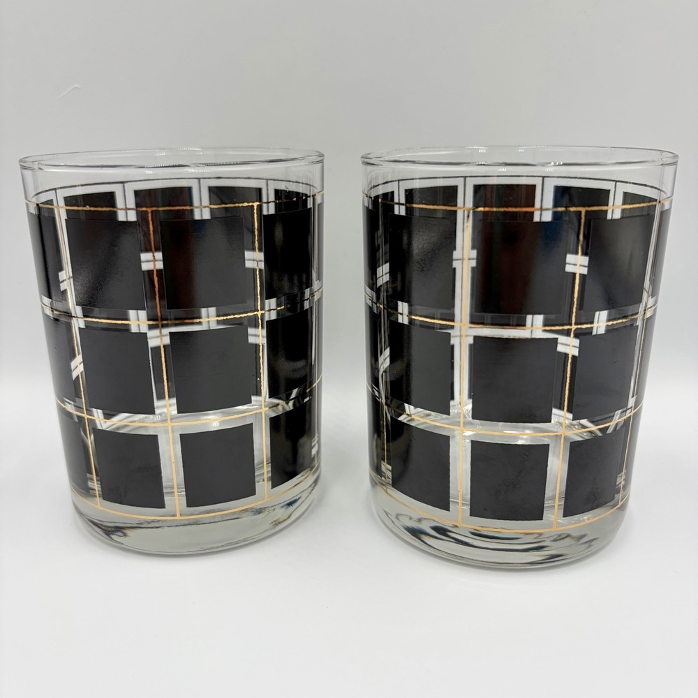 Vintage Mid Century Modern Gold Black Double Old Fashioned Whiskey Glass 4.25"